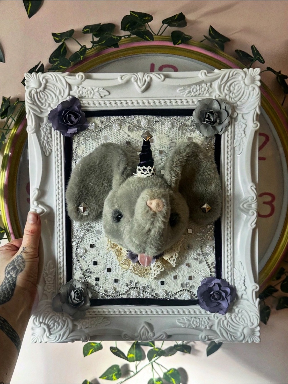 Handcrafted Plush Elephant Wall Art - Gray
